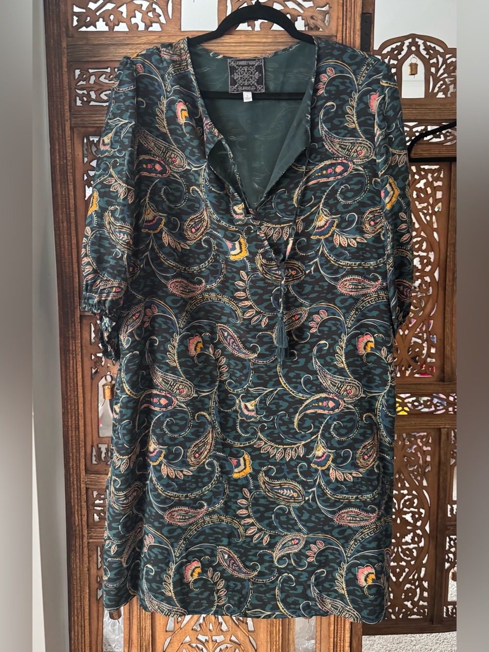 Johnny Was Dark Teal Paisley V-Neck Silk Dress with Pink and Yellow Accents
